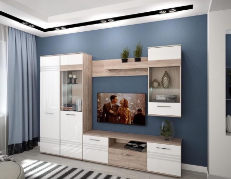 Гостиная Валери Дуб Сонома/Белый Глянец МДФ (Ш-2228 x В-2046 x Г-385 мм)